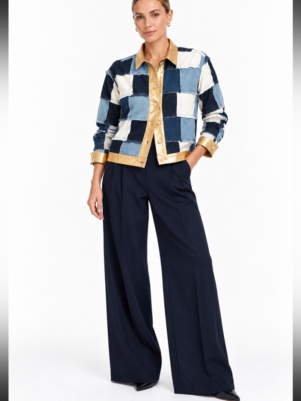 L’Agence Patchwork Denim and Gold Jacket